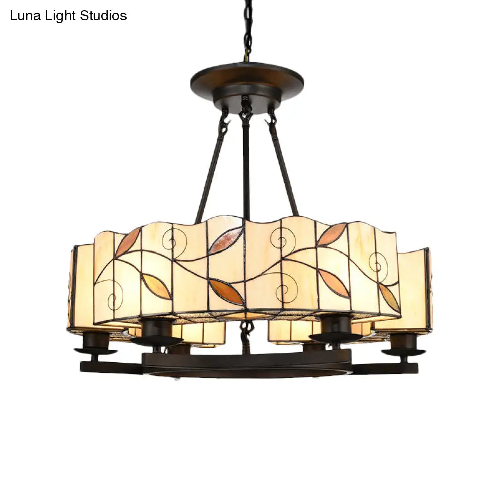 Tiffany Lodge Pendant Light - Stained Glass Drum Chandelier With Leaf Accent Adjustable Hanging In
