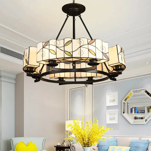 Tiffany Lodge Pendant Light - Stained Glass Drum Chandelier With Leaf Accent Adjustable Hanging In