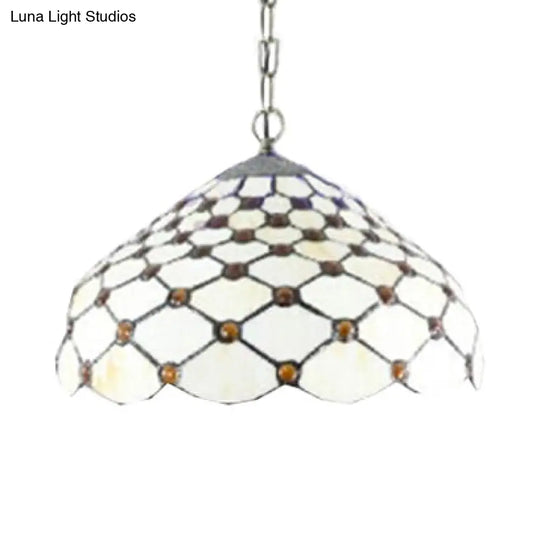 Tiffany Multicolored Stained Glass Dome Pendant Light: White Single Bulb Hanging Lamp For Living