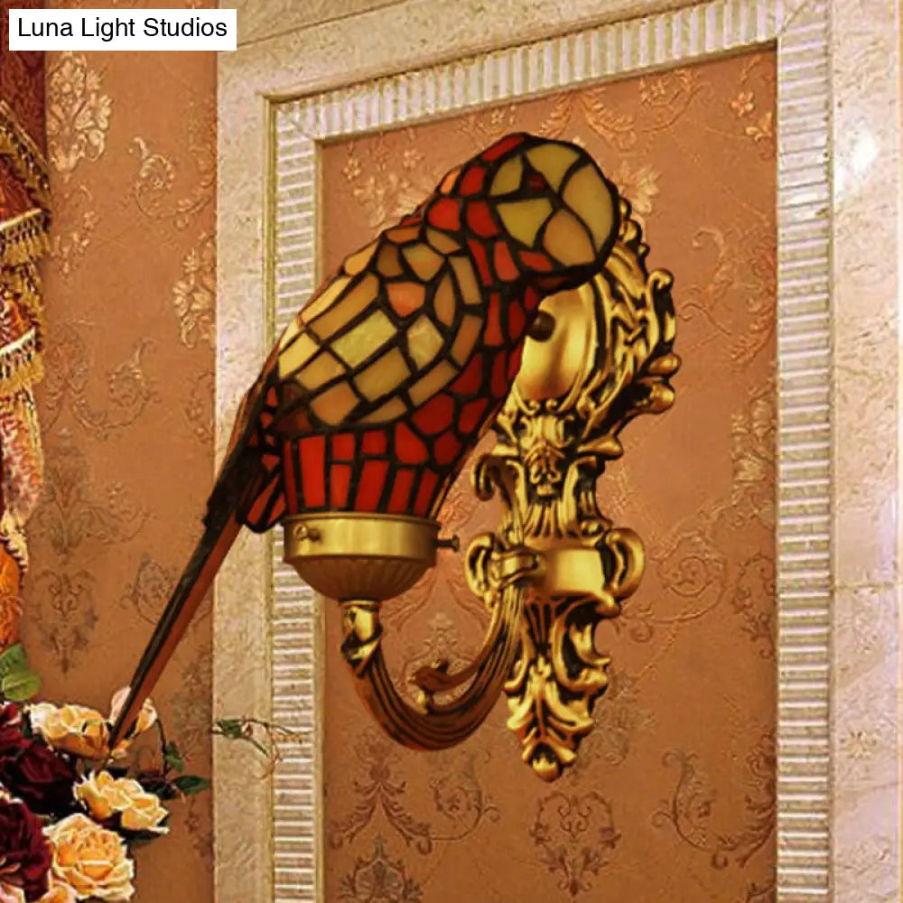Tiffany Parrot Wall Sconce With Stained Glass And Gold Finish