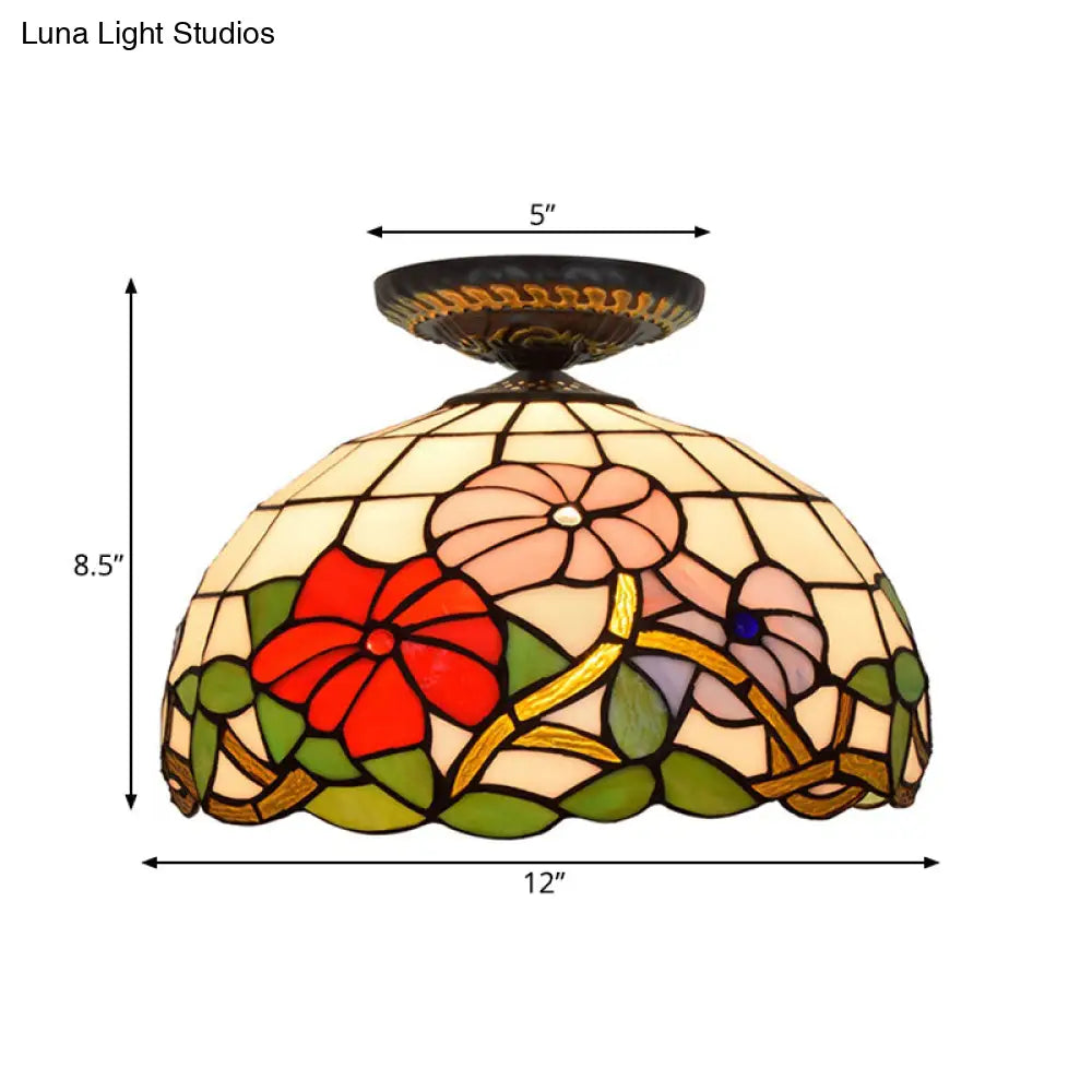 Tiffany Peony Flush Mount Lamp: Stained Glass Ceiling Lighting Fixture In Bronze 12’/16’ Wide