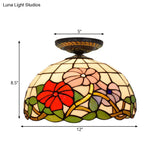 Tiffany Peony Flush Mount Lamp: Stained Glass Ceiling Lighting Fixture In Bronze 12’/16’ Wide