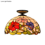 Tiffany Peony Flush Mount Lamp: Stained Glass Ceiling Lighting Fixture In Bronze 12’/16’ Wide