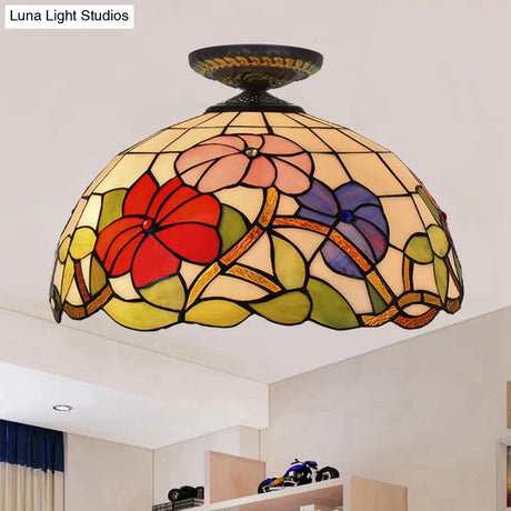Tiffany Peony Flush Mount Lamp: Stained Glass Ceiling Lighting Fixture In Bronze 12’/16’ Wide