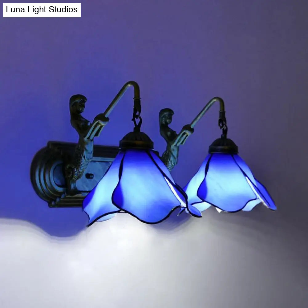 Tiffany Pink/Blue/Clear Glass Wall Mounted Sconce With Mermaid Backplate - 2-Light Floral Lighting