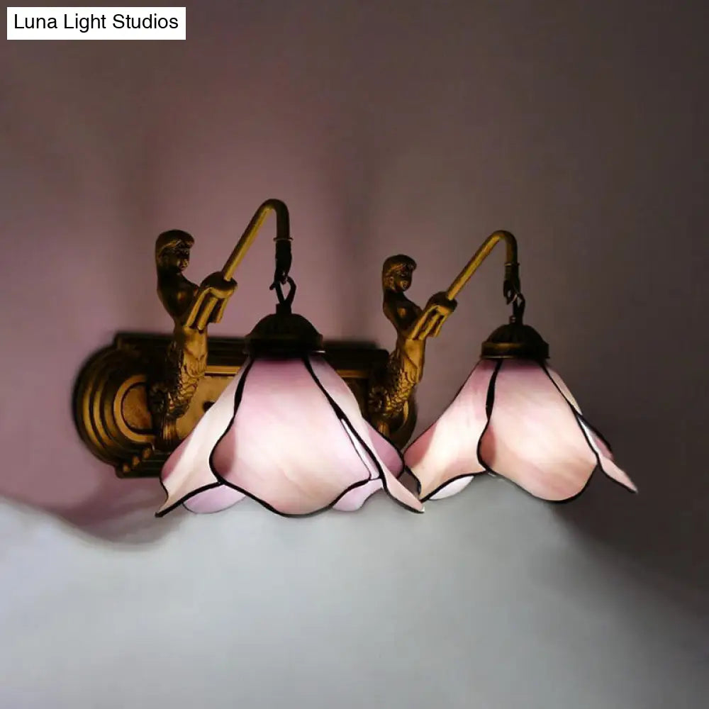 Tiffany Pink/Blue/Clear Glass Wall Mounted Sconce With Mermaid Backplate - 2-Light Floral Lighting