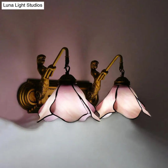 Tiffany Pink/Blue/Clear Glass Wall Mounted Sconce With Mermaid Backplate - 2-Light Floral Lighting