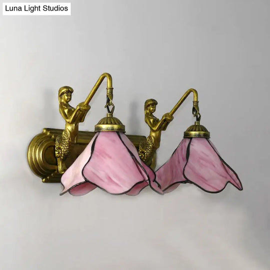 Tiffany Pink/Blue/Clear Glass Wall Mounted Sconce With Mermaid Backplate - 2-Light Floral Lighting