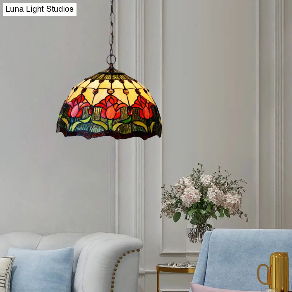 Tiffany Red/Green Cut Glass Chandelier Light - 1/2 Lights Suspended Lamp For Kitchen (12’/16’ W)