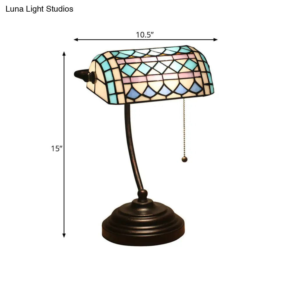 Tiffany Rhombus Patterned Desk Lamp With Cut Glass Pull Chain In Brown/Blue/Green/White