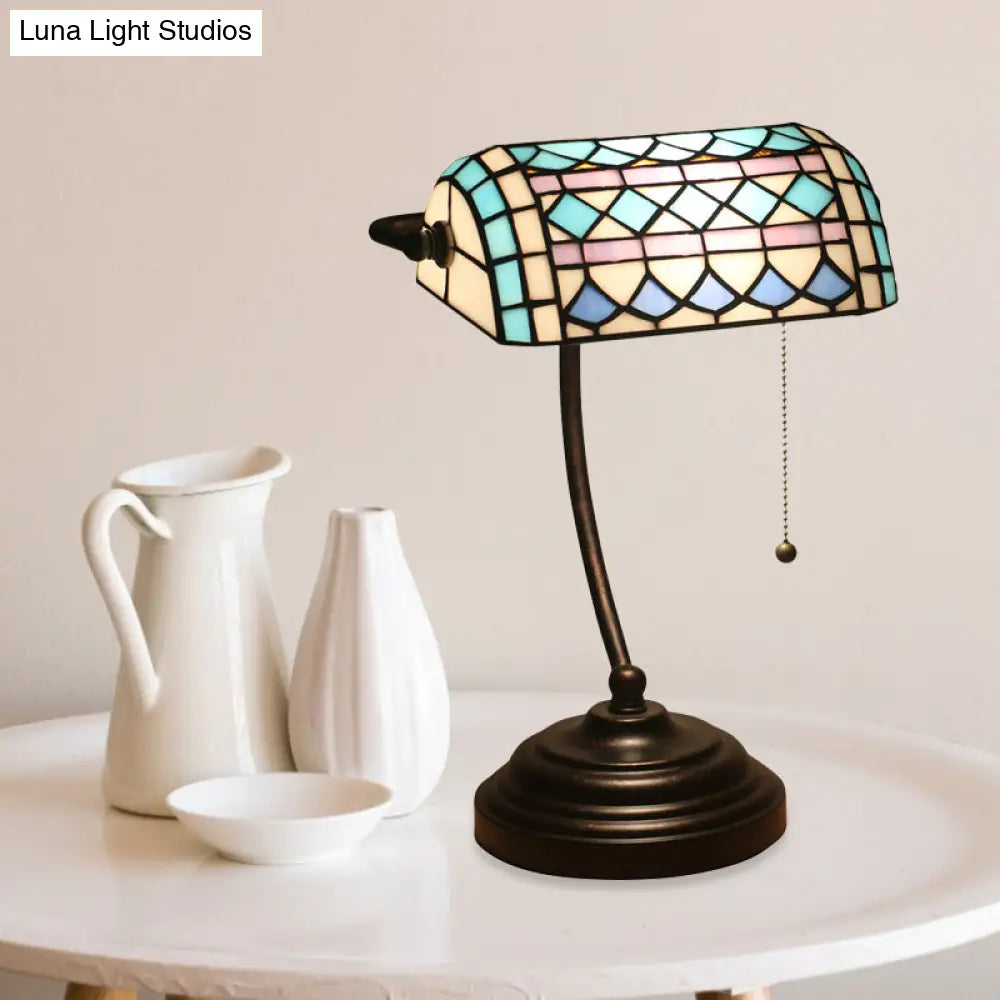 Tiffany Rhombus Patterned Desk Lamp With Cut Glass Pull Chain In Brown/Blue/Green/White