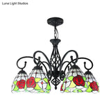 Tiffany Rose Chandelier Pendant Light - 6-Light Stained Glass Red-Indoor Lighting For Living Room