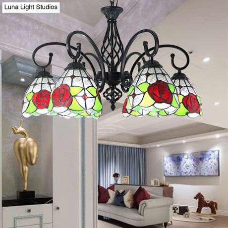 Tiffany Rose Chandelier Pendant Light - 6-Light Stained Glass Red-Indoor Lighting For Living Room