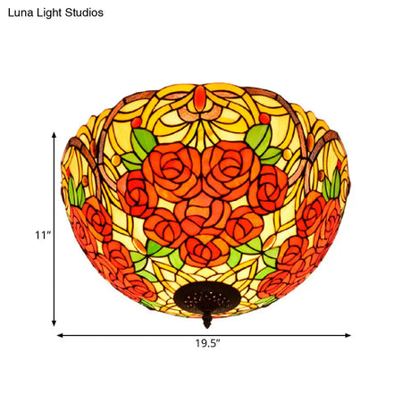 Tiffany Rose/Grape Flush Mount Lamp - Bronze Finish Stained Glass 5 Bulbs Close To Ceiling Lighting