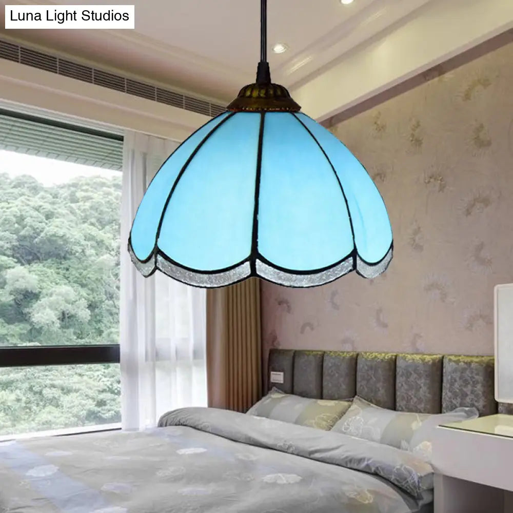 Tiffany Scalloped Down Mini Pendant Ceiling Lamp - Light Blue Glass Suspension For Living Room