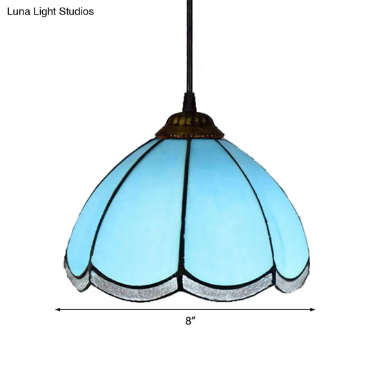 Tiffany Scalloped Down Mini Pendant Ceiling Lamp - Light Blue Glass Suspension For Living Room