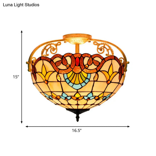 Tiffany Semi - Flush Kitchen Ceiling Light - 3 - Light Fixture With Stained Glass Bowl Shade