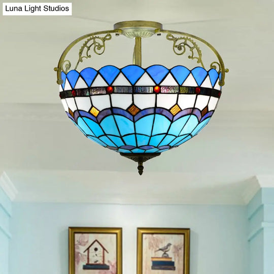 Tiffany Semi-Flush Kitchen Ceiling Light - 3-Light Fixture With Stained Glass Bowl Shade