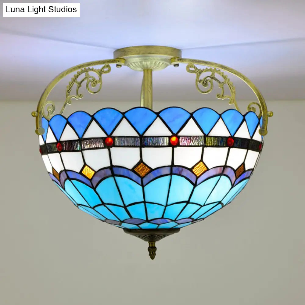 Tiffany Semi - Flush Kitchen Ceiling Light - 3 - Light Fixture With Stained Glass Bowl Shade