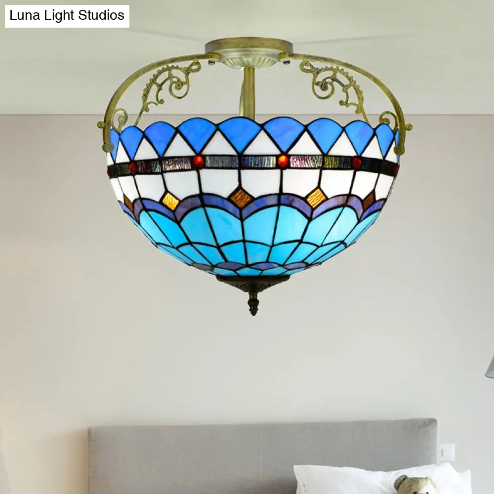 Tiffany Semi - Flush Kitchen Ceiling Light - 3 - Light Fixture With Stained Glass Bowl Shade
