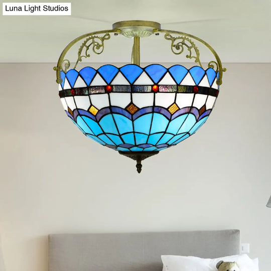 Tiffany Semi - Flush Kitchen Ceiling Light - 3 - Light Fixture With Stained Glass Bowl Shade