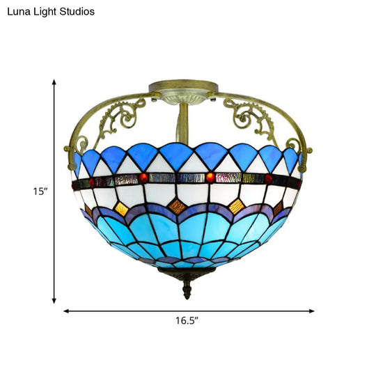 Tiffany Semi-Flush Kitchen Ceiling Light - 3-Light Fixture With Stained Glass Bowl Shade