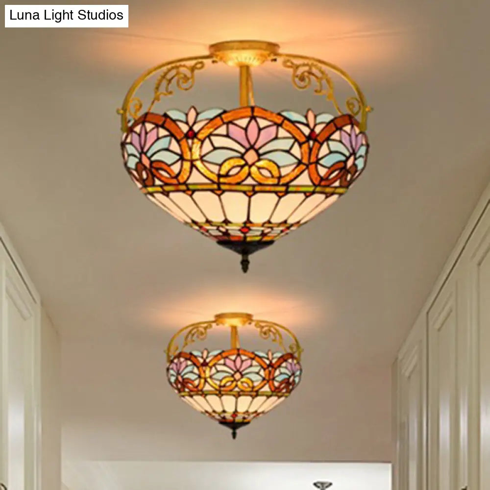 Tiffany Semi - Flush Kitchen Ceiling Light - 3 - Light Fixture With Stained Glass Bowl Shade