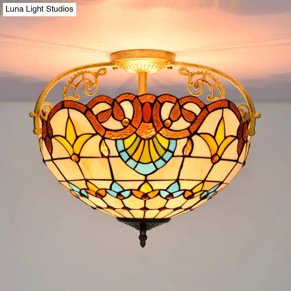 Tiffany Semi-Flush Kitchen Ceiling Light - 3-Light Fixture With Stained Glass Bowl Shade