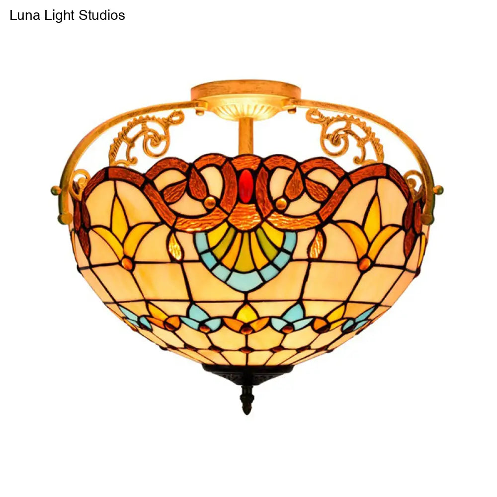 Tiffany Semi-Flush Kitchen Ceiling Light - 3-Light Fixture With Stained Glass Bowl Shade