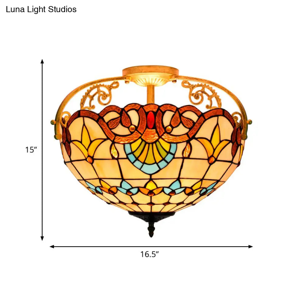 Tiffany Semi-Flush Kitchen Ceiling Light - 3-Light Fixture With Stained Glass Bowl Shade