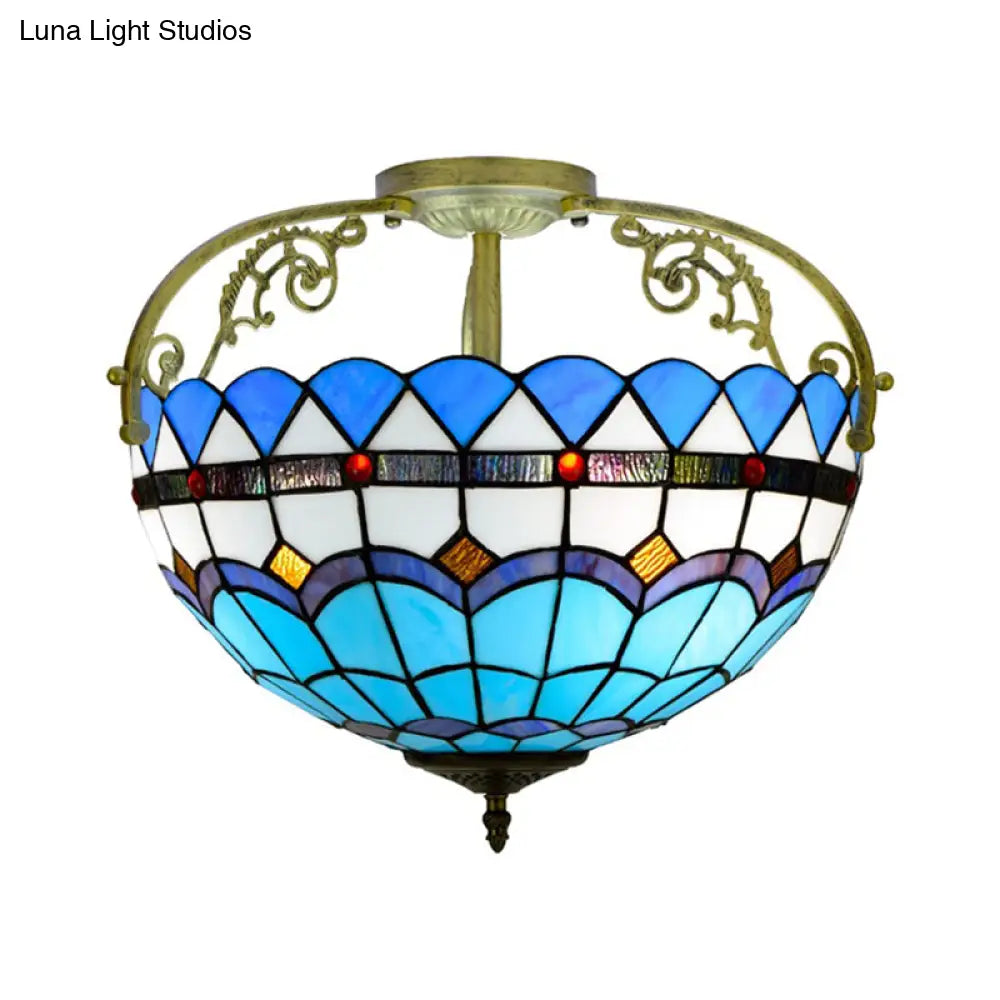 Tiffany Semi-Flush Kitchen Ceiling Light - 3-Light Fixture With Stained Glass Bowl Shade