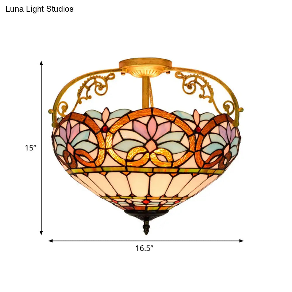 Tiffany Semi - Flush Kitchen Ceiling Light - 3 - Light Fixture With Stained Glass Bowl Shade