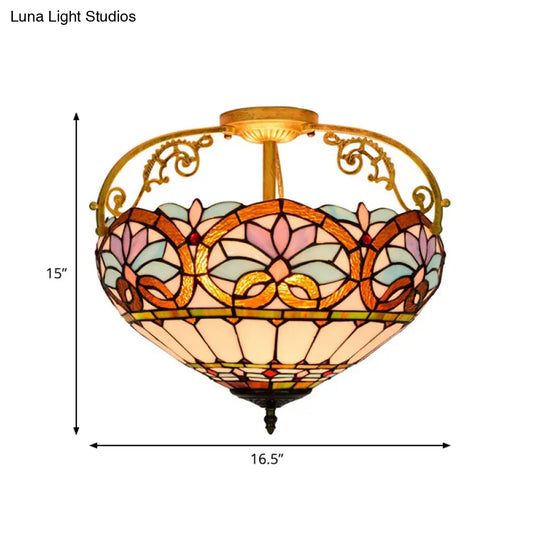 Tiffany Semi - Flush Kitchen Ceiling Light - 3 - Light Fixture With Stained Glass Bowl Shade
