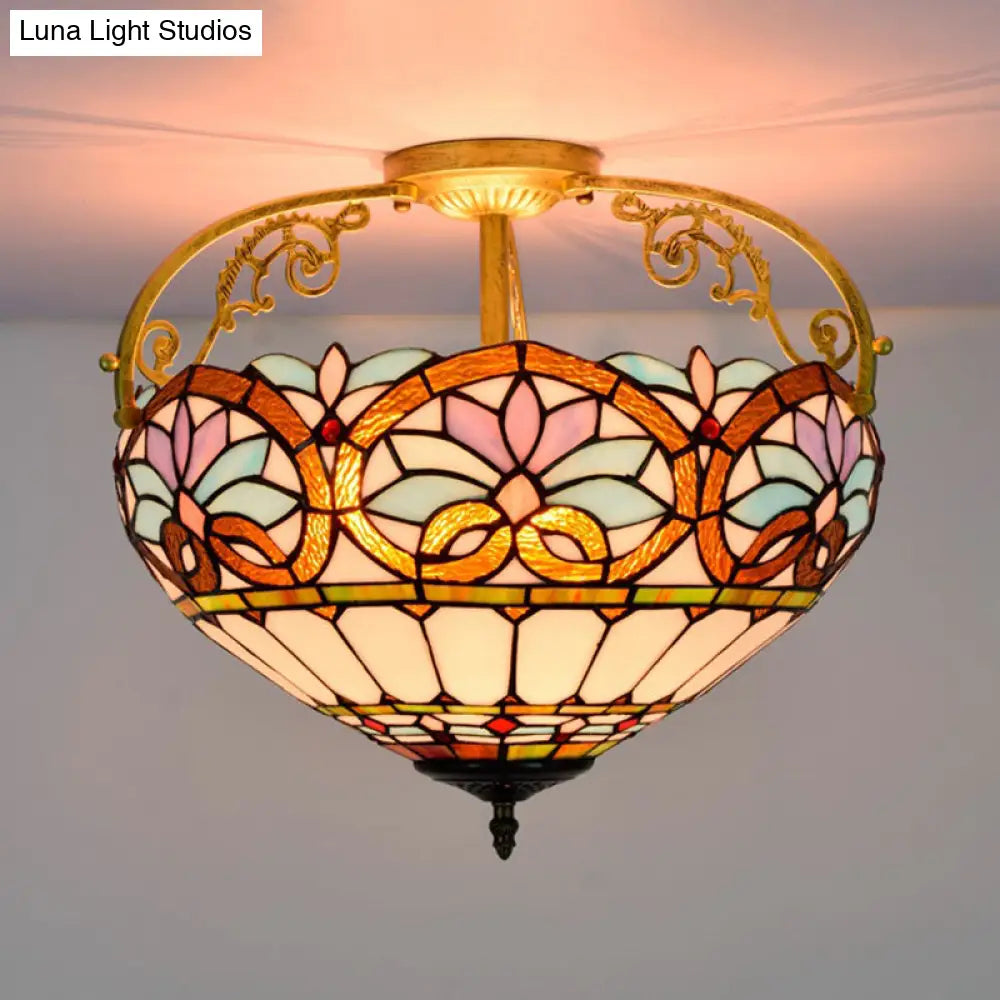 Tiffany Semi-Flush Kitchen Ceiling Light - 3-Light Fixture With Stained Glass Bowl Shade