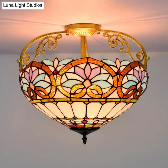 Tiffany Semi-Flush Kitchen Ceiling Light - 3-Light Fixture With Stained Glass Bowl Shade