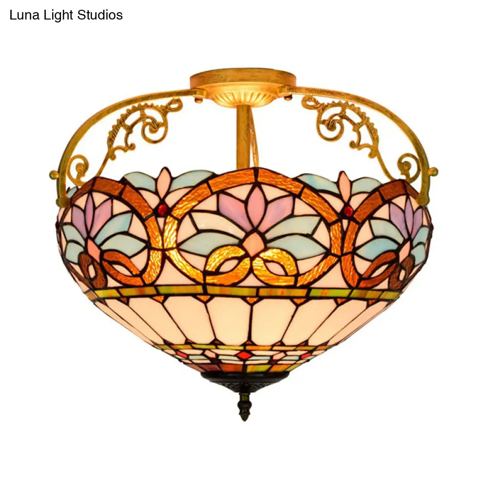 Tiffany Semi-Flush Kitchen Ceiling Light - 3-Light Fixture With Stained Glass Bowl Shade
