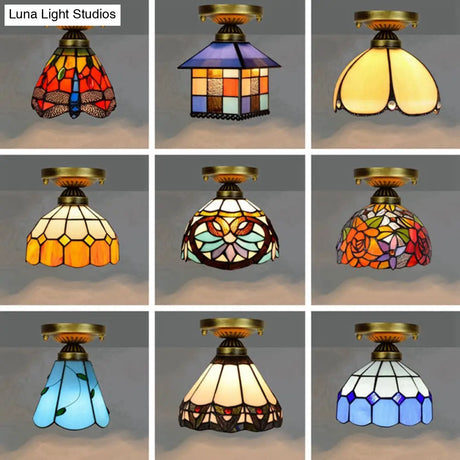 Tiffany Stained Art Glass Semi Flush Mount Ceiling Light - Single - Bulb Shaded Fixture