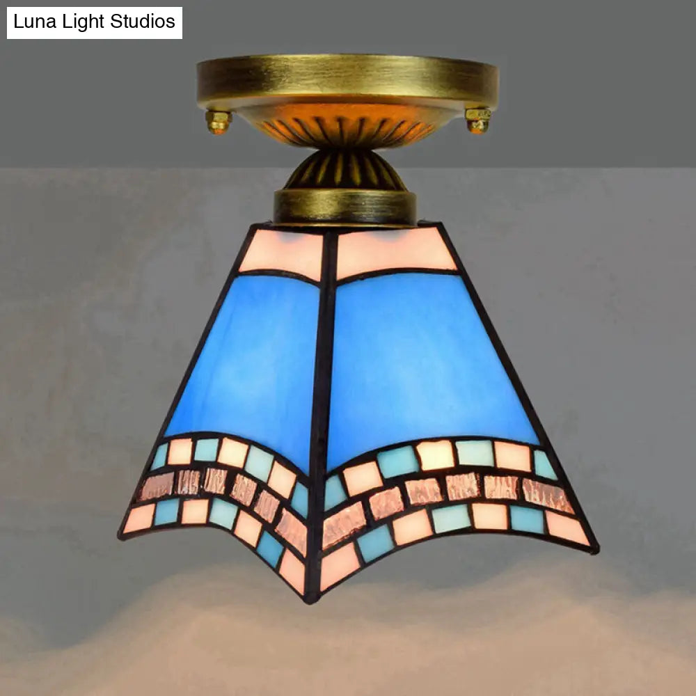 Tiffany Stained Art Glass Semi Flush Mount Ceiling Light - Single-Bulb Shaded Fixture Dark Blue