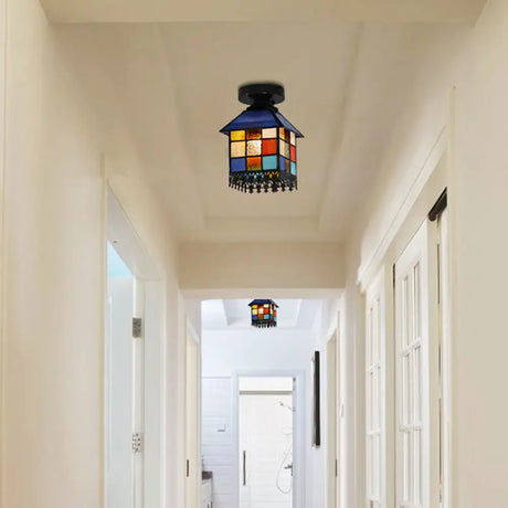 Tiffany Stained Glass 1 - Light Ceiling Light Fixture For Colorful Bedroom Décor Black