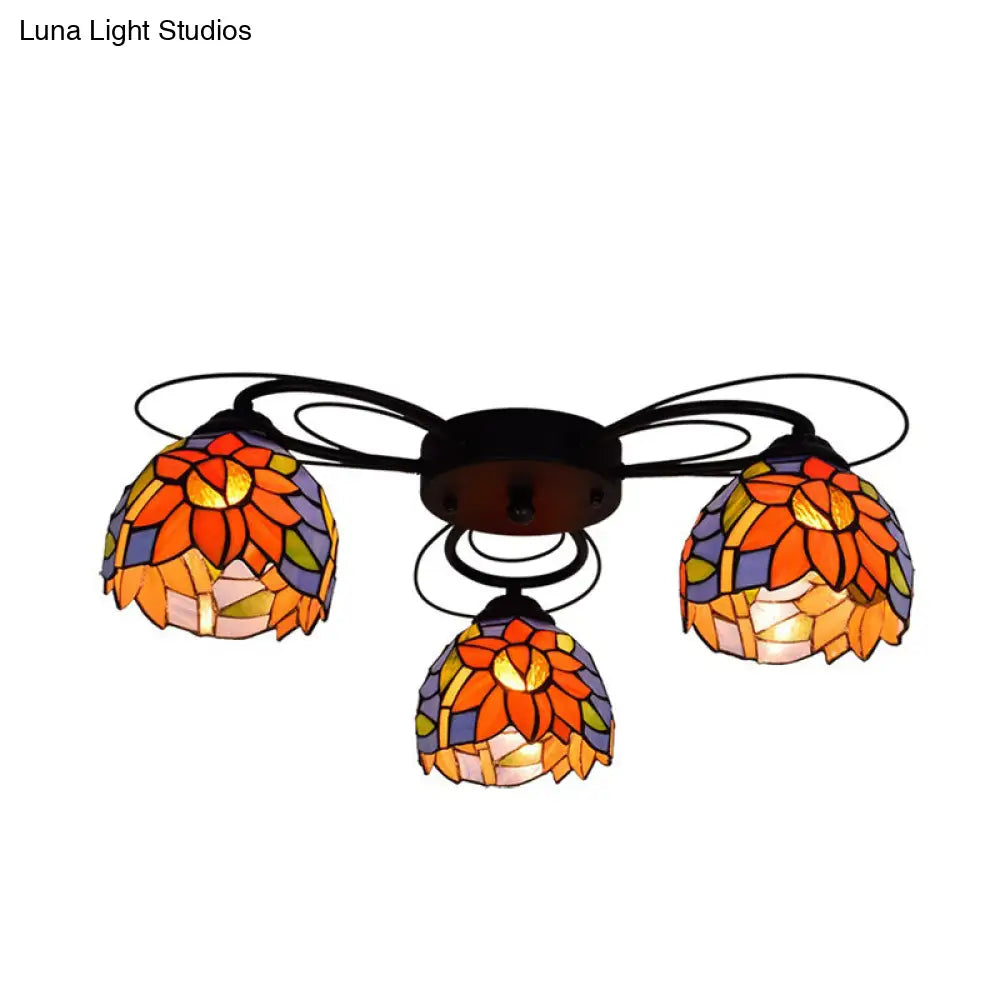Tiffany Stained Glass Bowl Ceiling Light Fixture - Red/Orange/Green Semi Flush Mount 3/7/9 Heads 3
