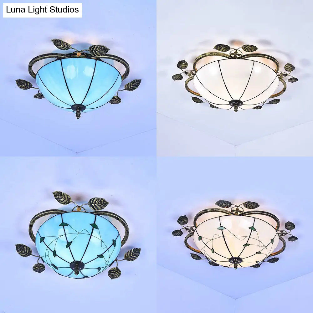 Tiffany Stained Glass Bowl Flushmount Light - 3 Bulb Ceiling Fixture With Leaf Decoration