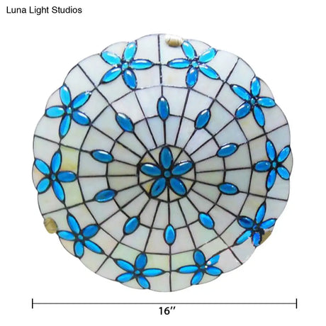 Tiffany Stained Glass Ceiling Light Blue - 3 - Lights Flushmount With Bowl Shade Jewel 5’H X 16’D