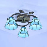 Tiffany Stained Glass Ceiling Light Fixture: Conic Shape Beige/Blue With Leaf Decoration - 3 Lights