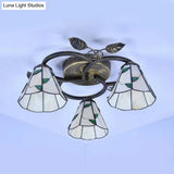 Tiffany Stained Glass Ceiling Light Fixture: Conic Shape Beige/Blue With Leaf Decoration - 3 Lights
