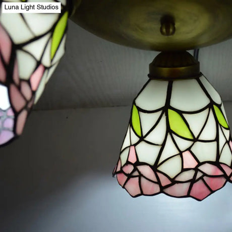 Tiffany Stained Glass Ceiling Light Fixture - Small Flush Mount For Hallway With 3 Heads