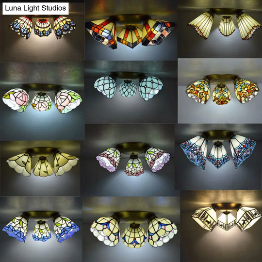 Tiffany Stained Glass Ceiling Light Fixture - Small Flush Mount For Hallway With 3 Heads