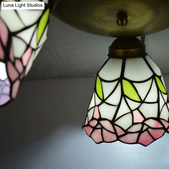 Tiffany Stained Glass Ceiling Light Fixture - Small Flush Mount For Hallway With 3 Heads