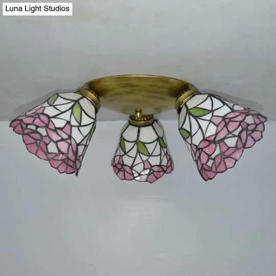 Tiffany Stained Glass Ceiling Light Fixture - Small Flush Mount For Hallway With 3 Heads