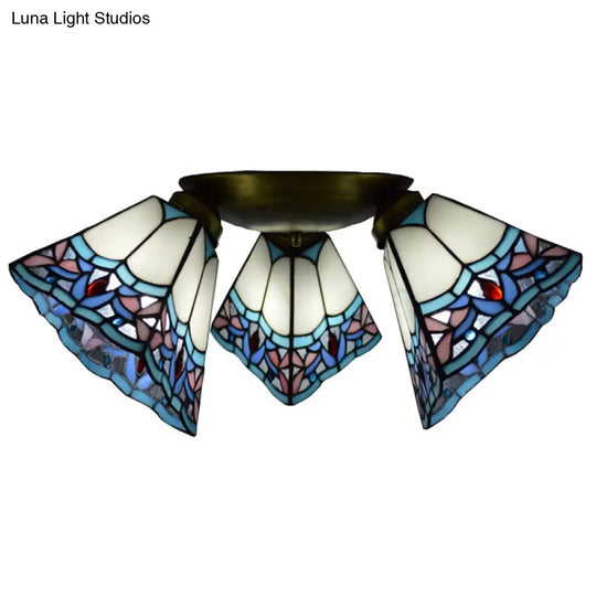 Tiffany Stained Glass Ceiling Light Fixture - Small Flush Mount For Hallway With 3 Heads