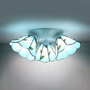 Tiffany Stained Glass Ceiling Light Fixture - Small Flush Mount For Hallway With 3 Heads Blue-White